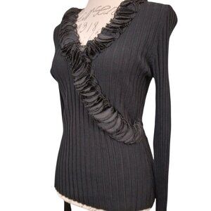 Belldini | Black Ribbed Knit Sweater Pull On Ruffled Embellished | Size M